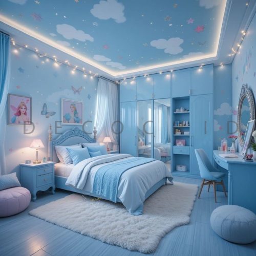 اتاق خواب دخترانه جوان آبی ملایم