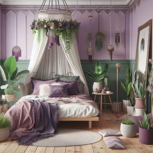 اتاق خواب بنفش و سبز