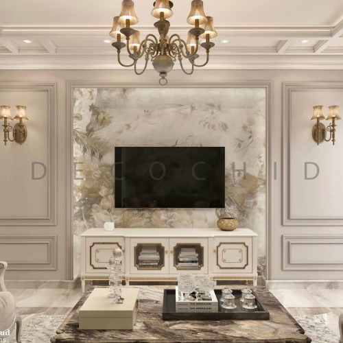 تی وی وال نئوکلاسیک با کاغذ دیواری داماس