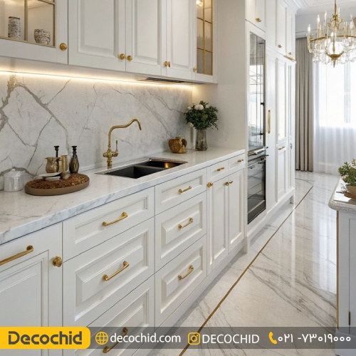 کابینت سفید نئوکلاسیک با دستگیره های طلایی