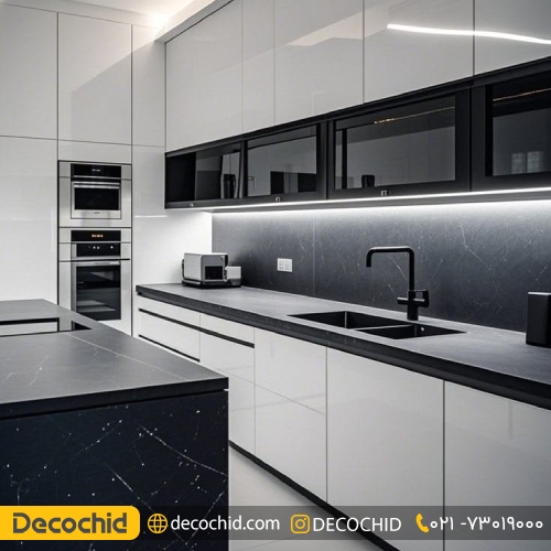 کابینت سفید با رو کابینتی مشکی مدرن