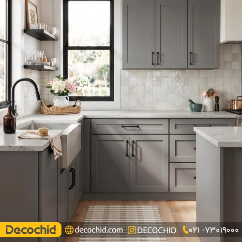 کابینت طوسی با رو کابینتی سفید