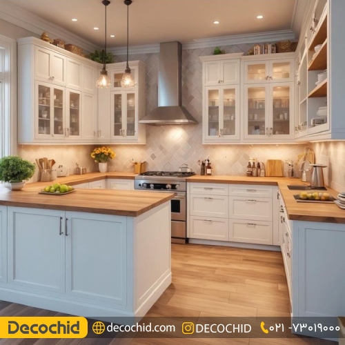 کابینت سفید با رو کابینتی چوبی