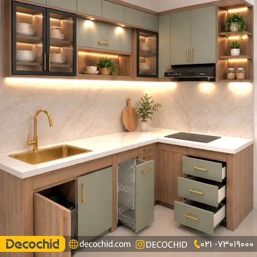کابینت رنگ سبز و رنگ چوب
